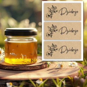 Naklejki Dziękuję na małe słoiczki na miód, brązowe kraft, 2,5x5cm, 24 sztuki