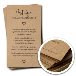 Karteczki z Instrukcją Pielęgnacji Biżuterii – Bileciki do Pakowania 9x5cm – 20 sztuk – Kraft Eko