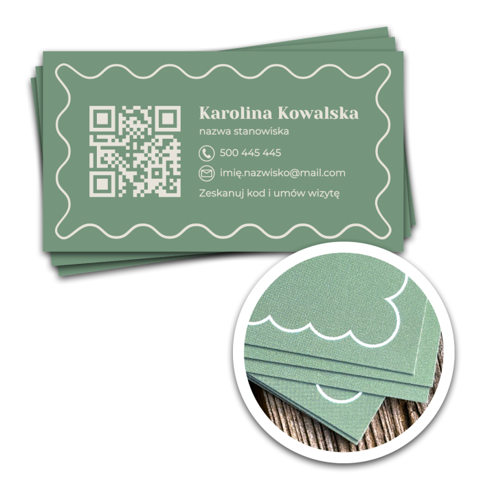 Wizytówki  90x50 szałwiowe imiennez kodem QR i wavy ramka.png