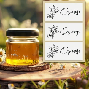 Naklejki Dziękuję na małe słoiczki na miód, biały eko papier, 2,5x5cm, 24 sztuki